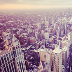 Cityscape view of commercial buildings.